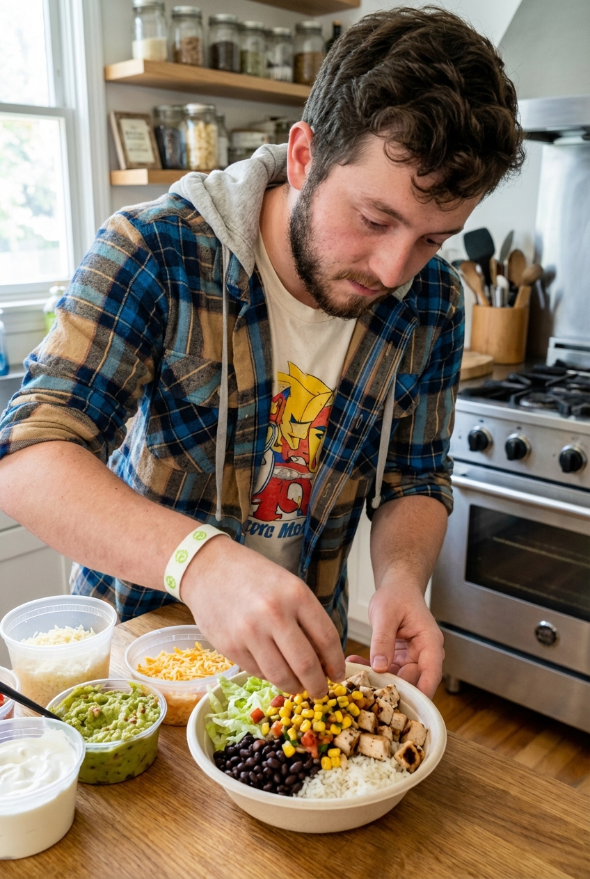 A hand assembling a burrito bowl with rice, beans, chicken, and fresh toppings