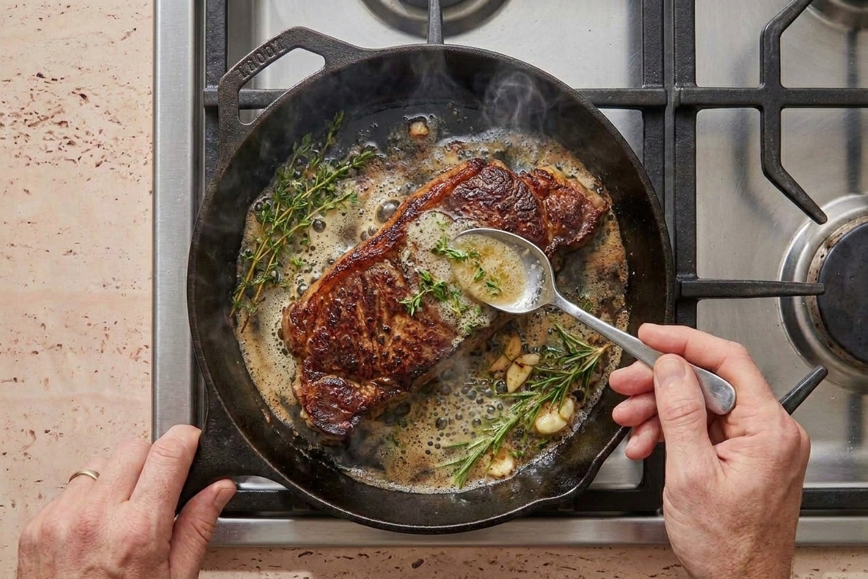 A hand basting a seared steak with foaming butter and herbs in a hot skillet on a home stovetop