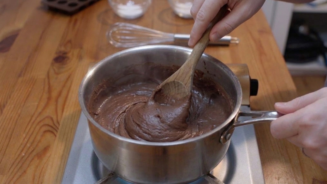 A hand beating a thickened chocolate fudge mixture in a saucepan as it turns matte and heavy