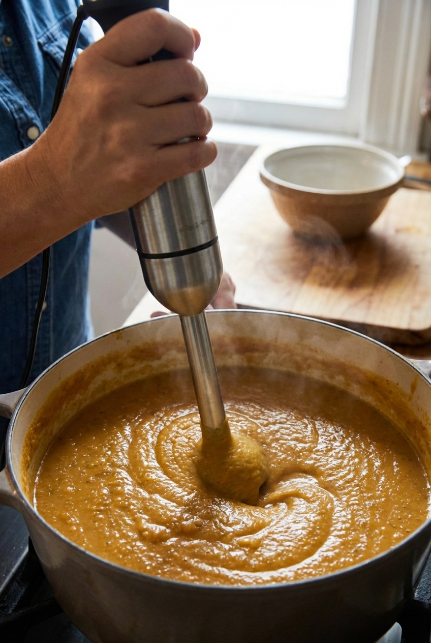 A hand blending smooth vegetable soup in a pot with an immersion blender creating a creamy, velvety texture
