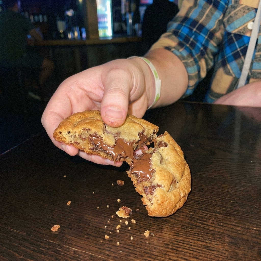 A hand breaking open a warm brown butter chocolate chip cookie showing a chewy center with melted chocolate and golden edges