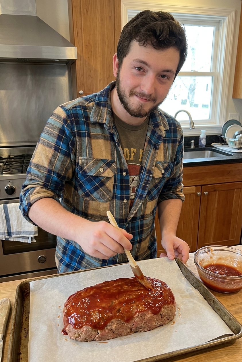 A hand brushing a glossy ketchup-based glaze over an unbaked meatloaf on a parchment-lined sheet pan in a home kitchen