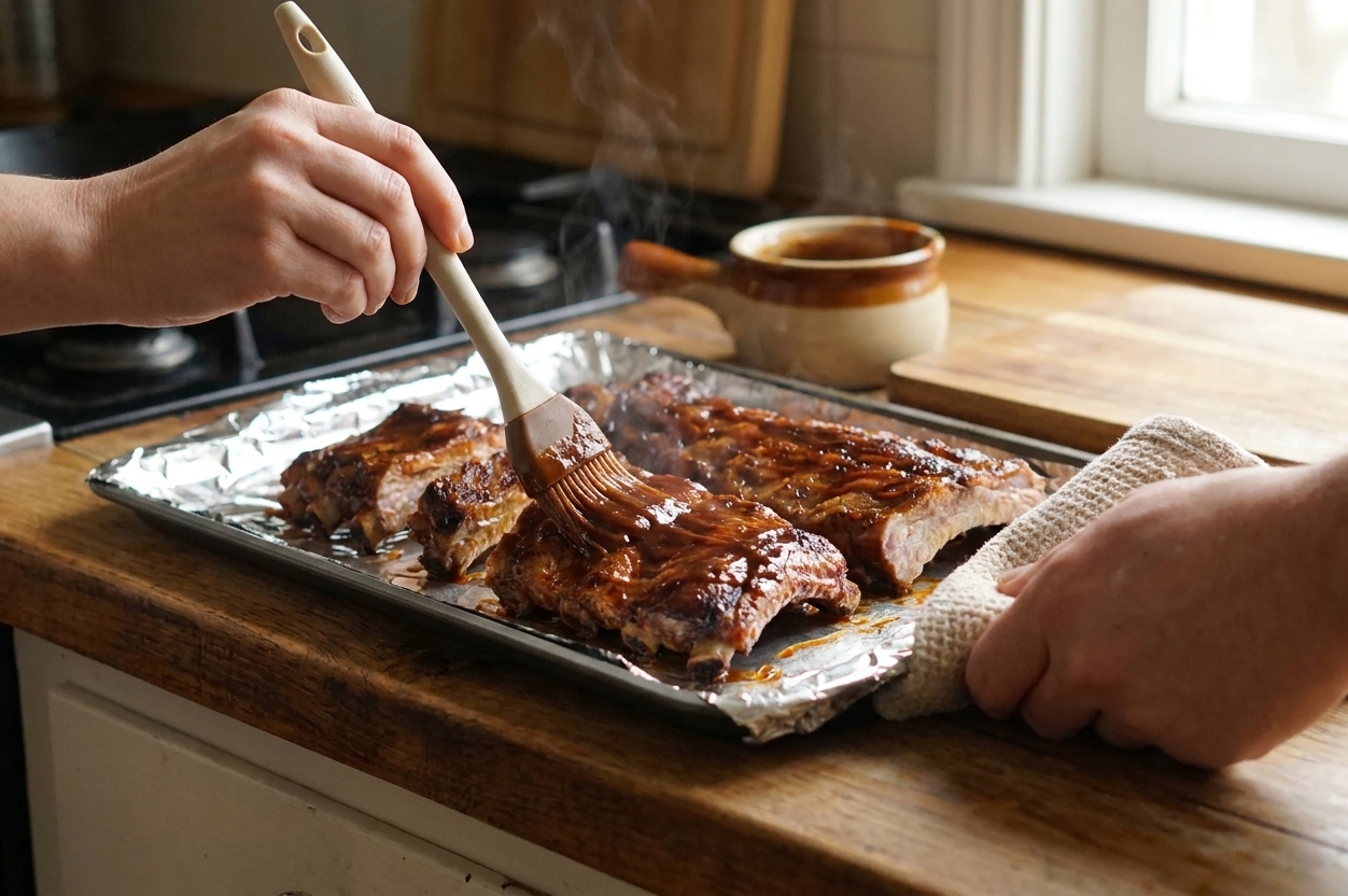 A hand brushing barbecue sauce over tender baked ribs on a foil-lined sheet pan in a warm home kitchen