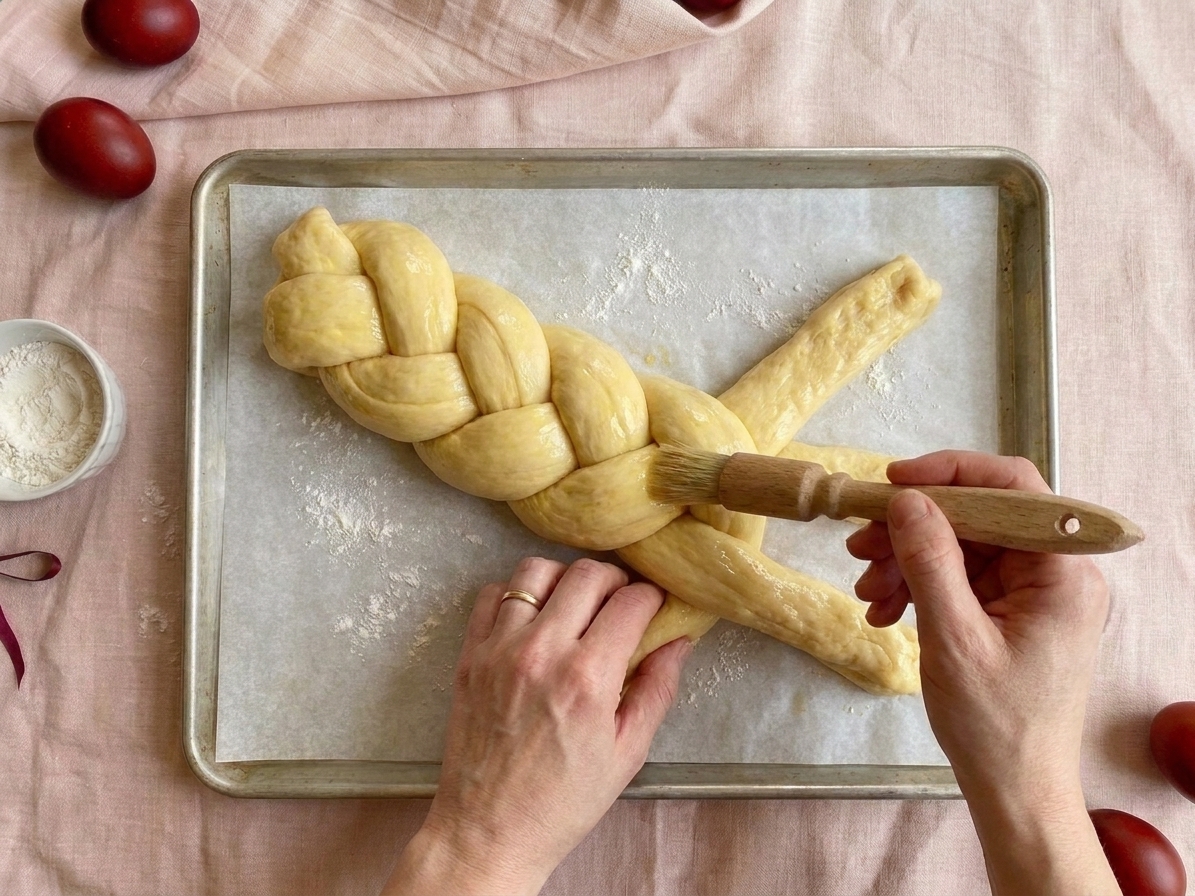 A hand brushing egg wash over a risen braided loaf on a baking sheet, glossy sheen forming on the dough