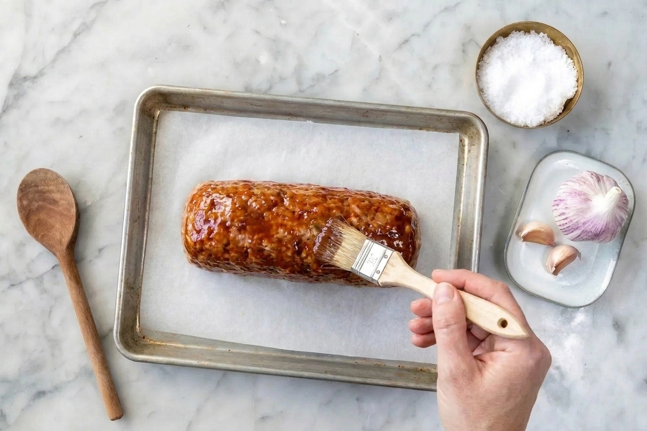 A hand brushing glossy glaze over a turkey loaf on a parchment-lined baking sheet