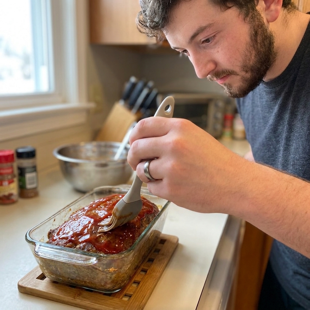 A hand brushing glossy ketchup and brown sugar glaze over a partially baked meatloaf in a loaf pan