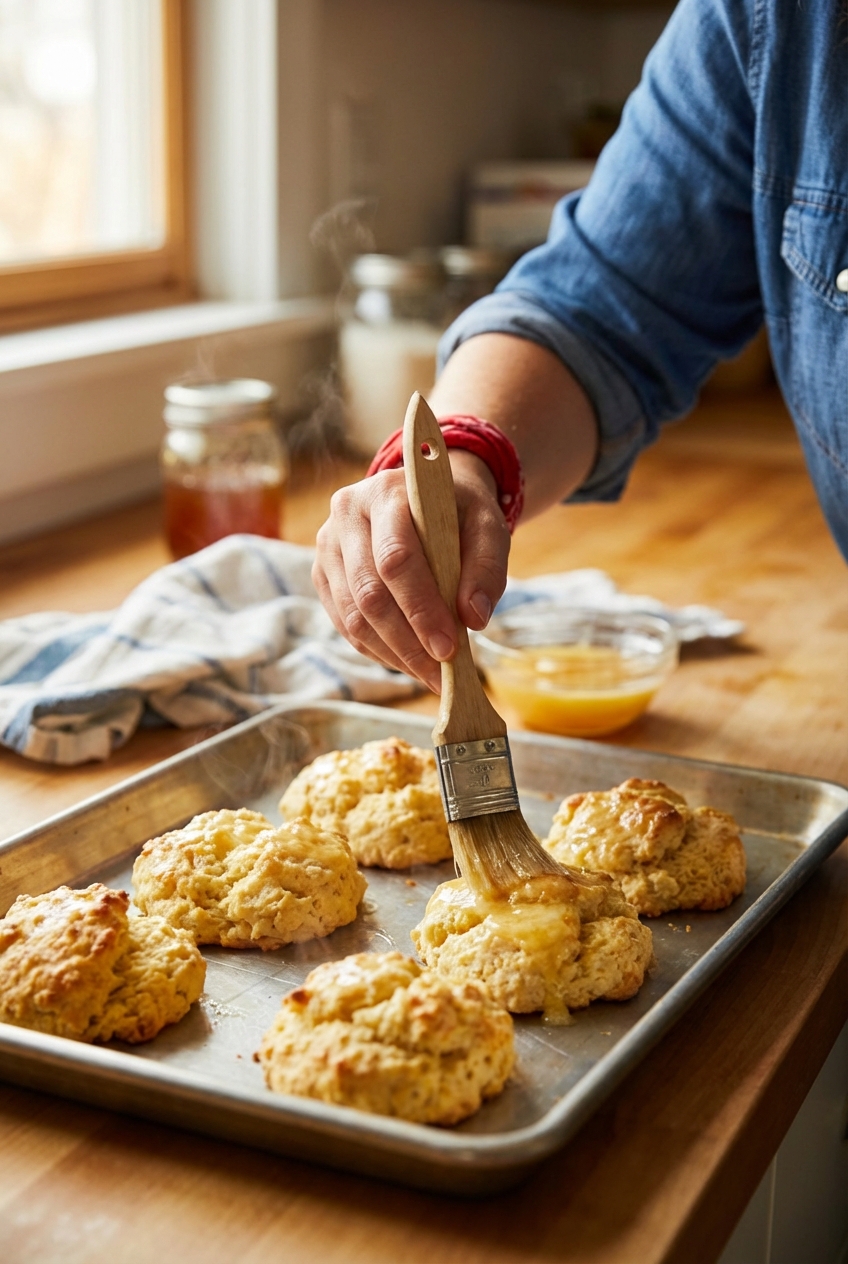 A hand brushing honey butter over freshly baked golden drop biscuits on a baking sheet