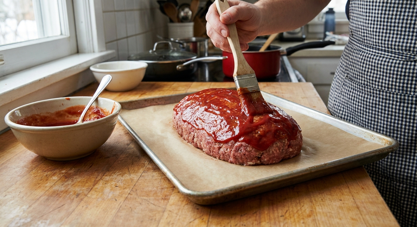 A hand brushing ketchup glaze onto an unbaked meatloaf on a parchment-lined sheet pan, real kitchen scene photography