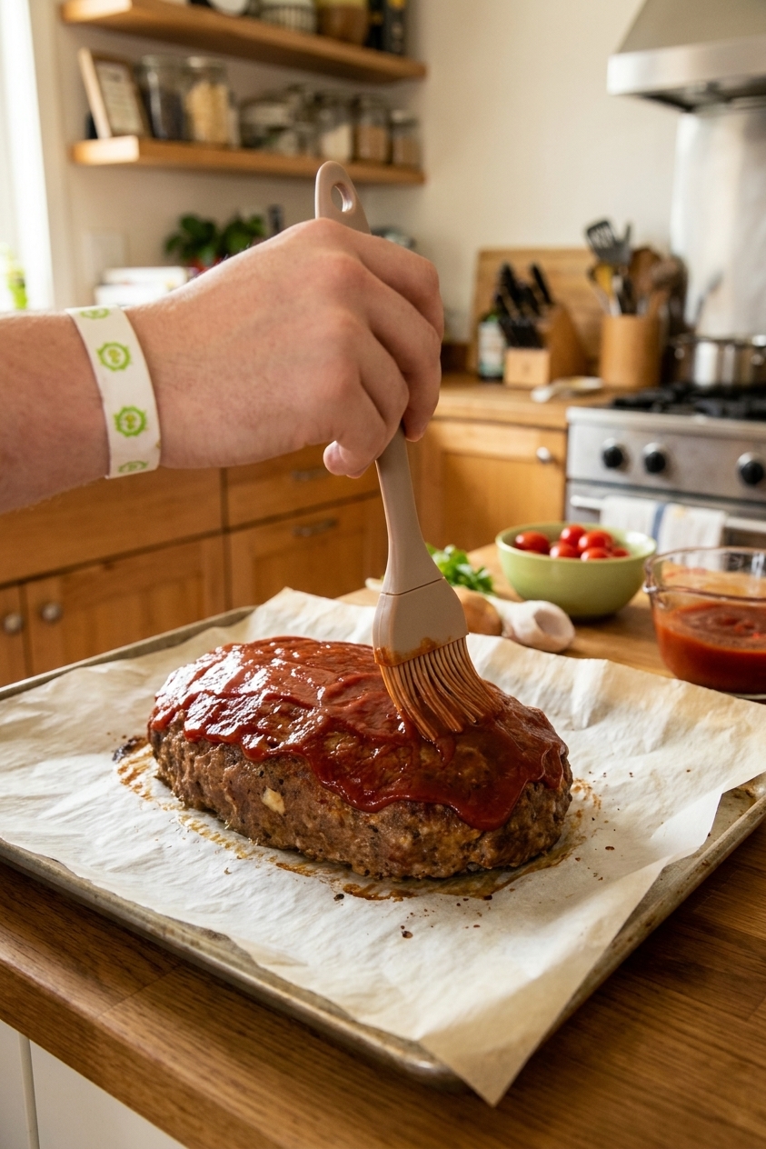 A hand brushing ketchup glaze over a meatloaf on a parchment-lined sheet pan