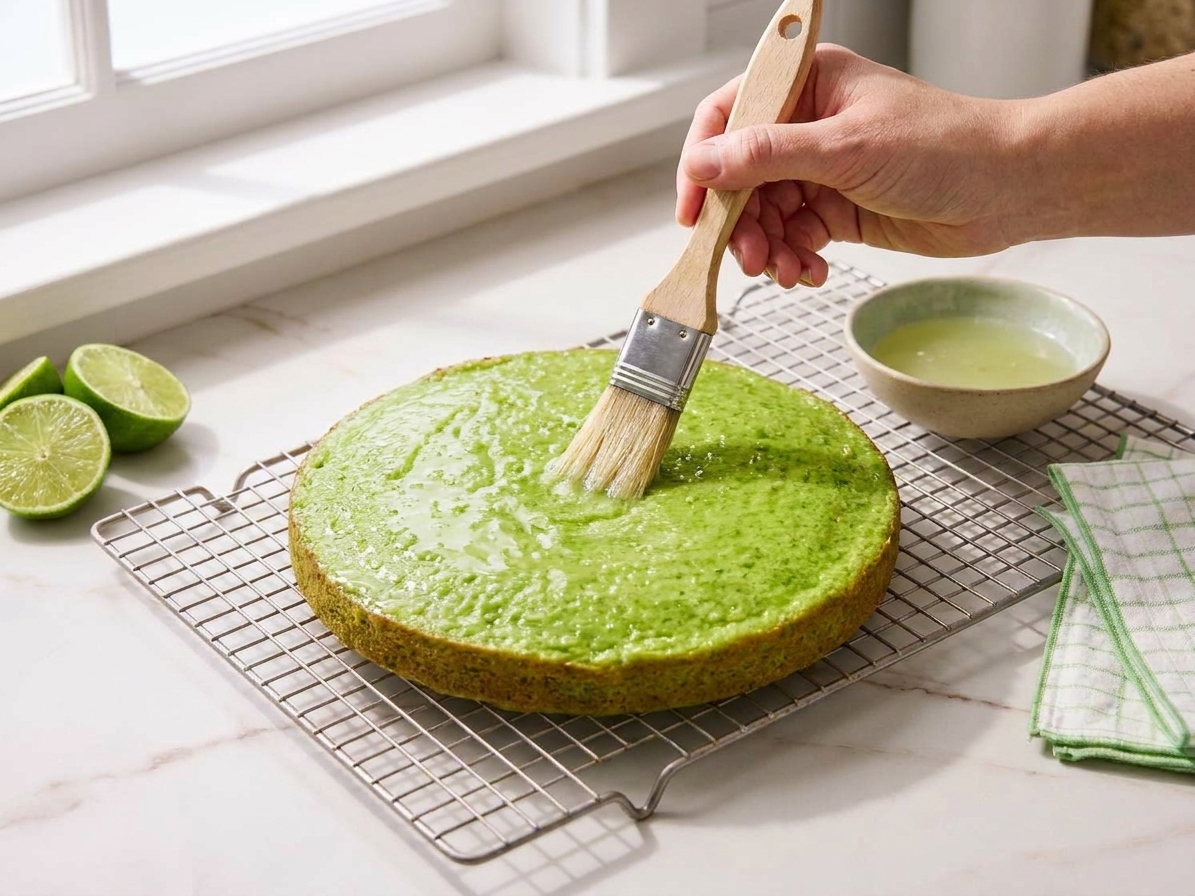 A hand brushing lime soak onto a cooled cake layer on a wire rack with a pastry brush