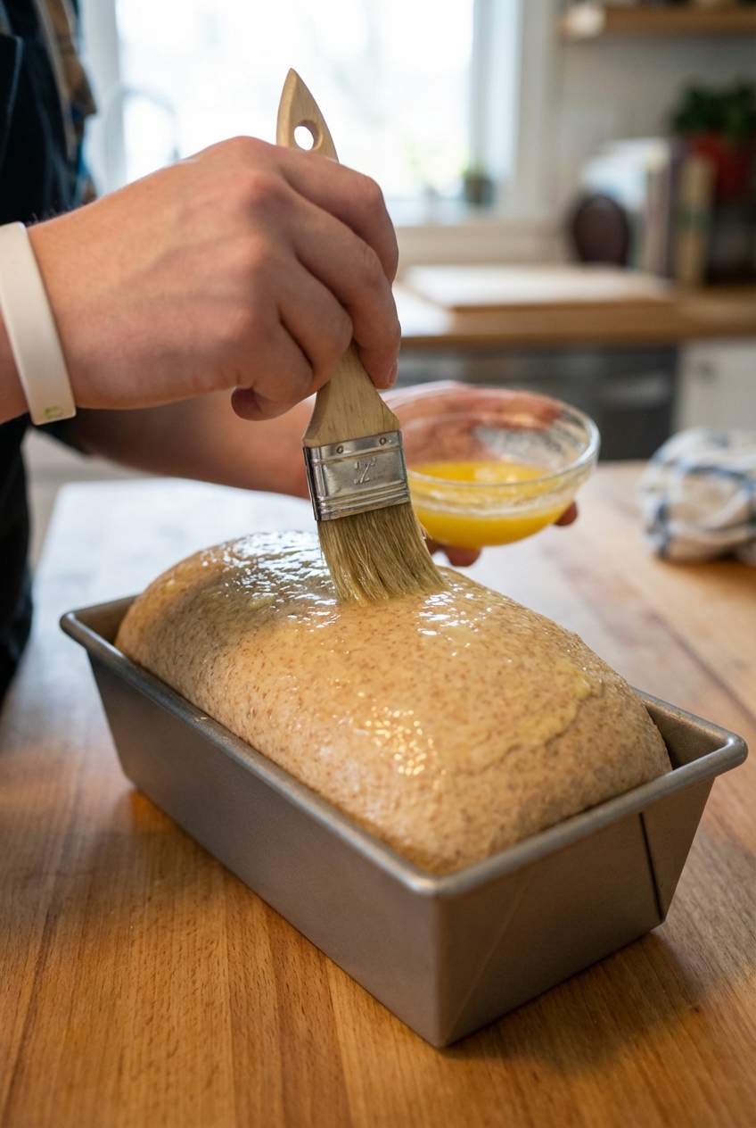 A hand brushing melted butter over the top of proofed whole wheat loaf dough in a loaf pan