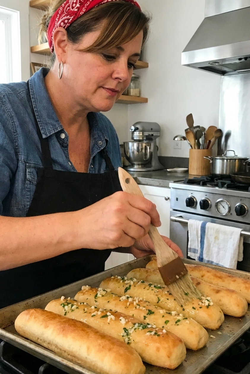 A hand brushing melted garlic butter onto freshly baked breadsticks on a sheet pan