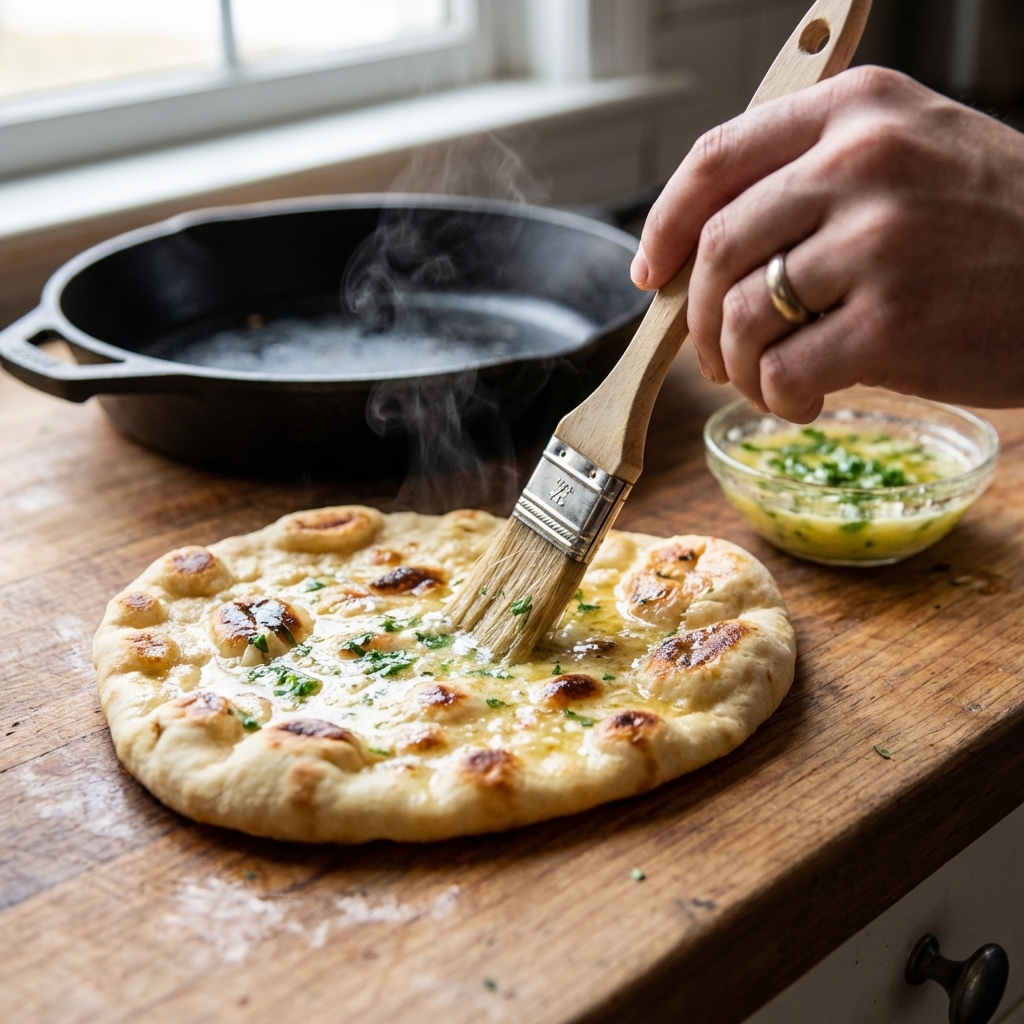 A hand brushing melted garlic butter over hot naan fresh from the skillet on a kitchen counter, close-up food photography