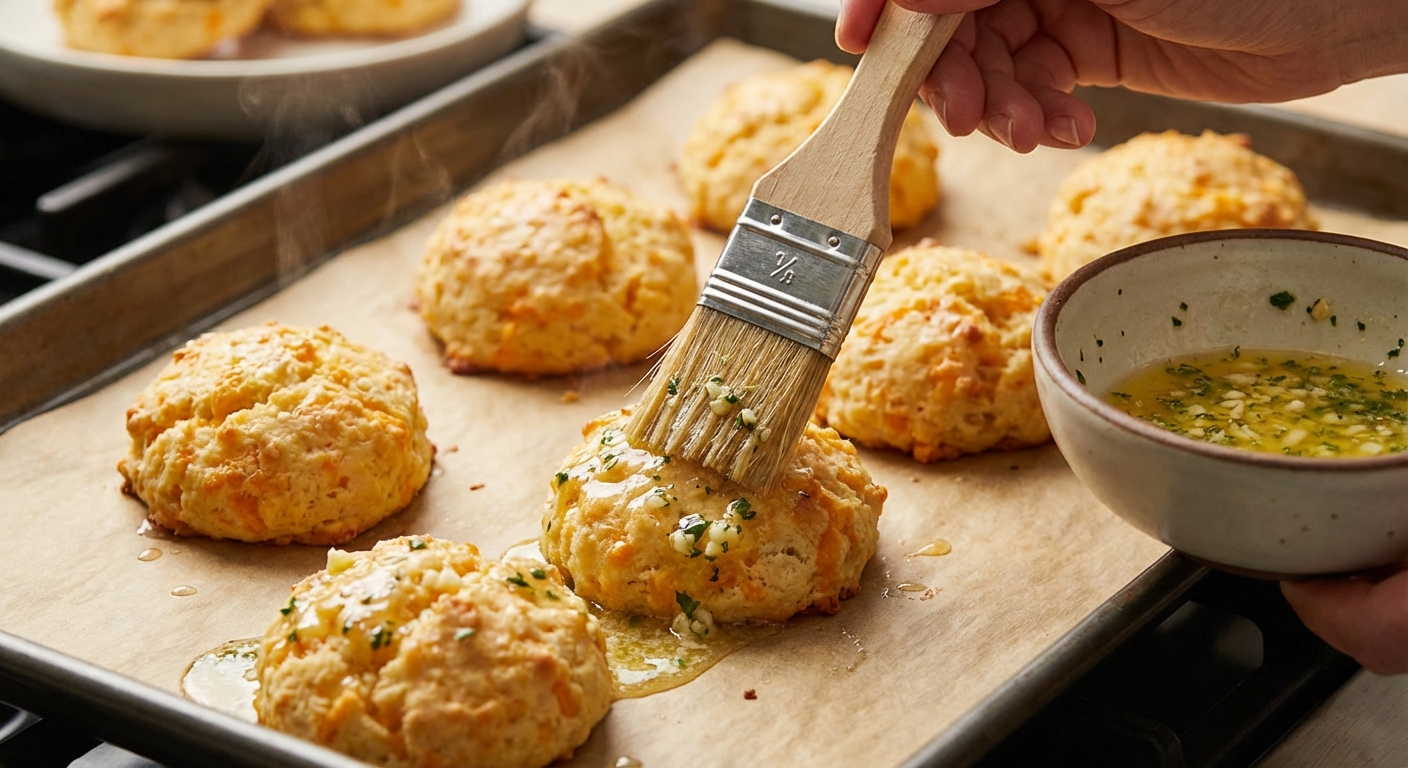 A hand brushing melted garlic herb butter over freshly baked cheddar drop biscuits on a parchment-lined baking sheet, close-up action shot, warm kitchen lighting, photorealistic food photography