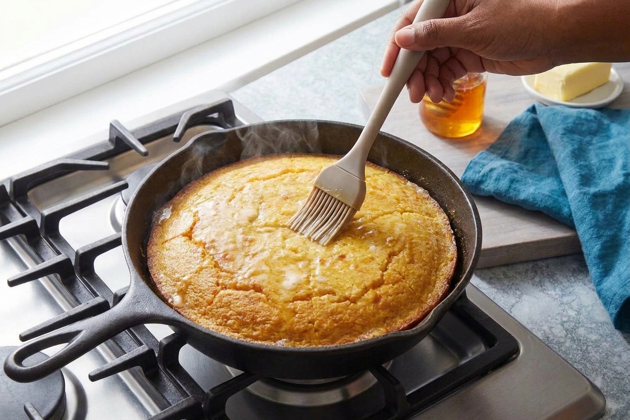A hand brushing melted honey butter over freshly baked cornbread in a cast iron skillet with steam rising