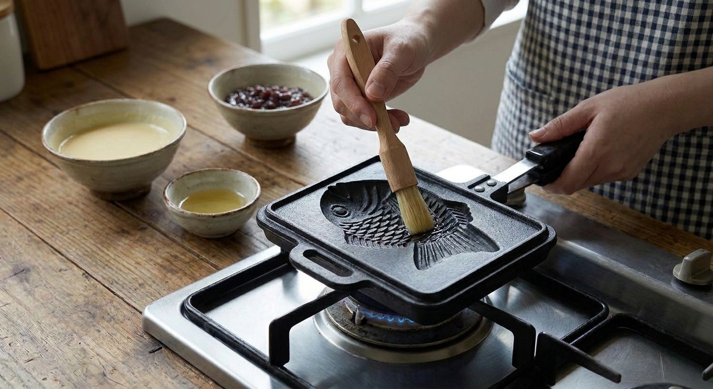 A hand brushing neutral oil into the fish-shaped cavities of a taiyaki pan on a stovetop