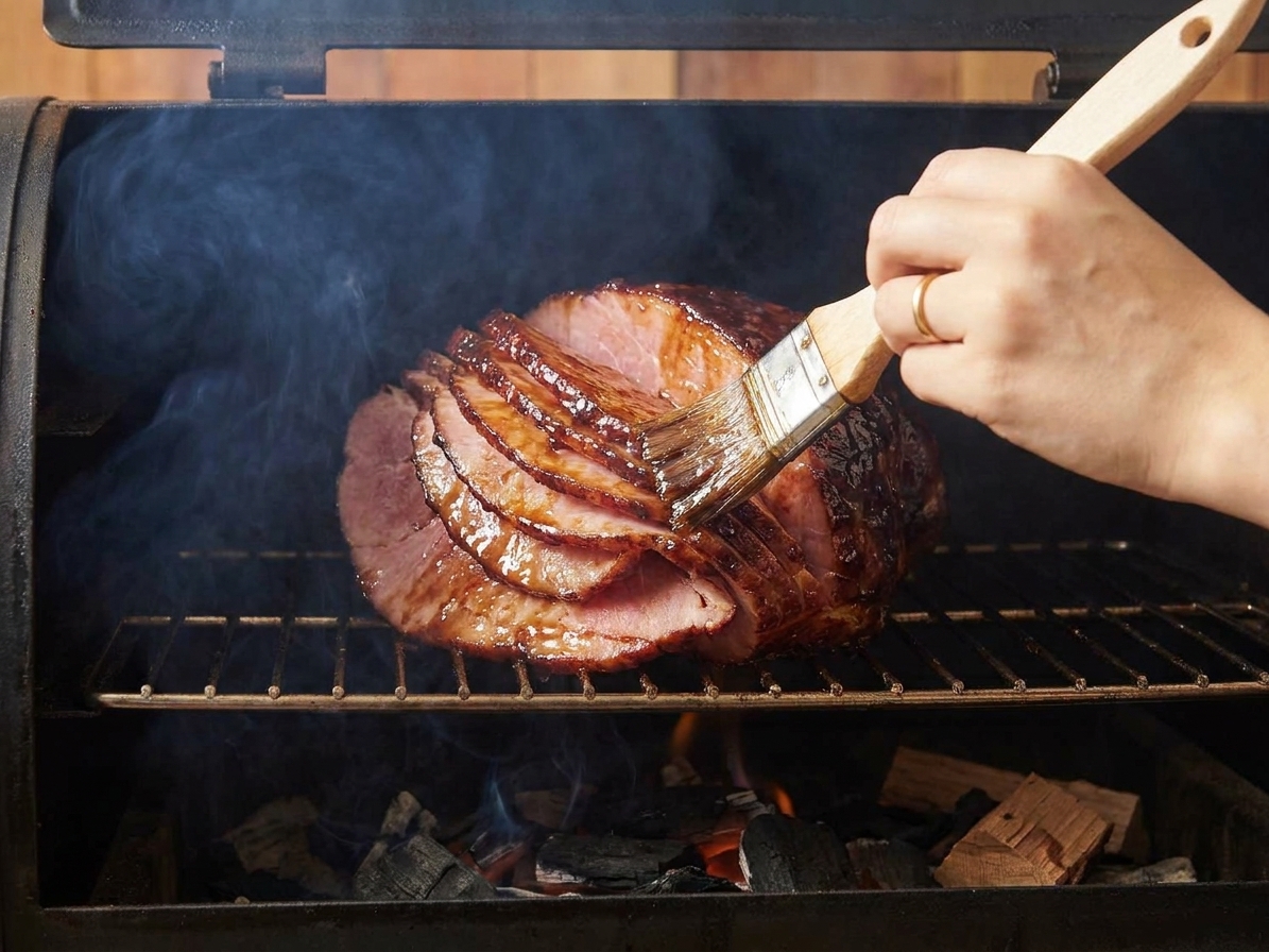 A hand brushing shiny brown sugar glaze onto a ham inside a smoker, with gentle smoke in the background