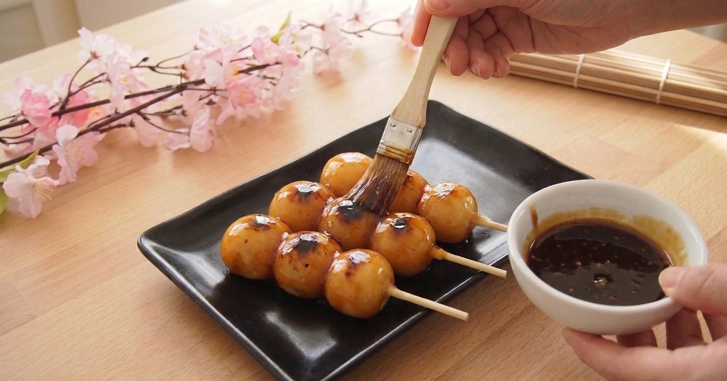 A hand brushing shiny sweet soy glaze onto dango skewers on a plate with a small bowl of sauce nearby