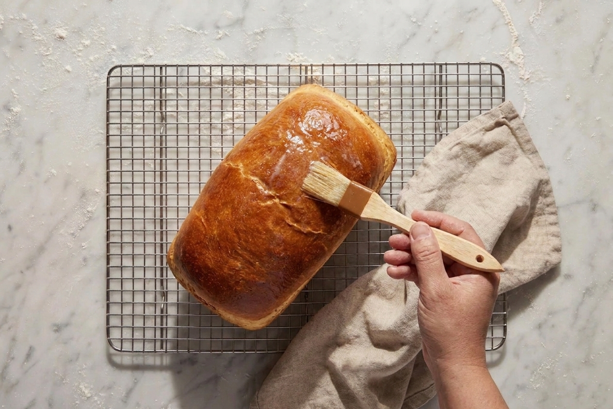 A hand brushing softened butter over the top of a warm, freshly baked white bread loaf on a wire rack