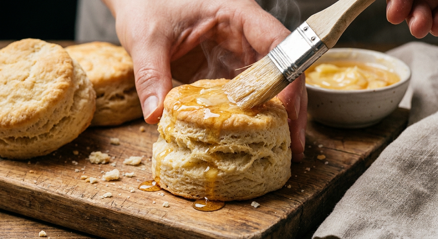 A hand brushing warm honey butter over the top of a tall flaky biscuit on a cutting board, close-up food photography
