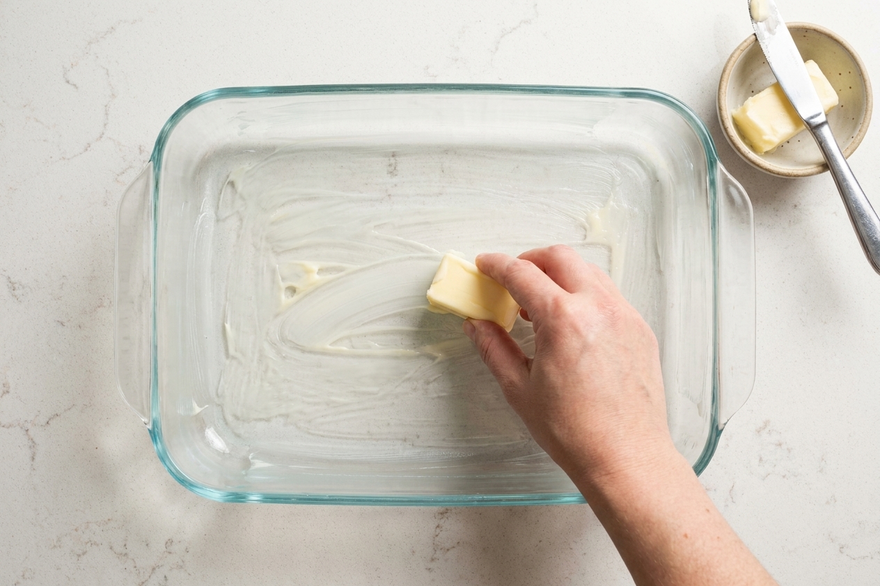 A hand buttering a 9x13 glass baking dish on a clean kitchen counter with soft natural light