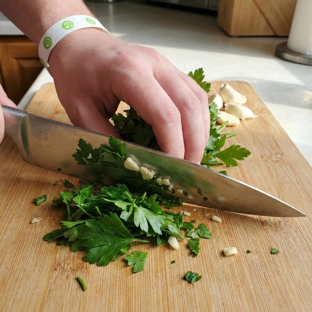 A hand chopping flat-leaf parsley and garlic on a cutting board with a chef's knife