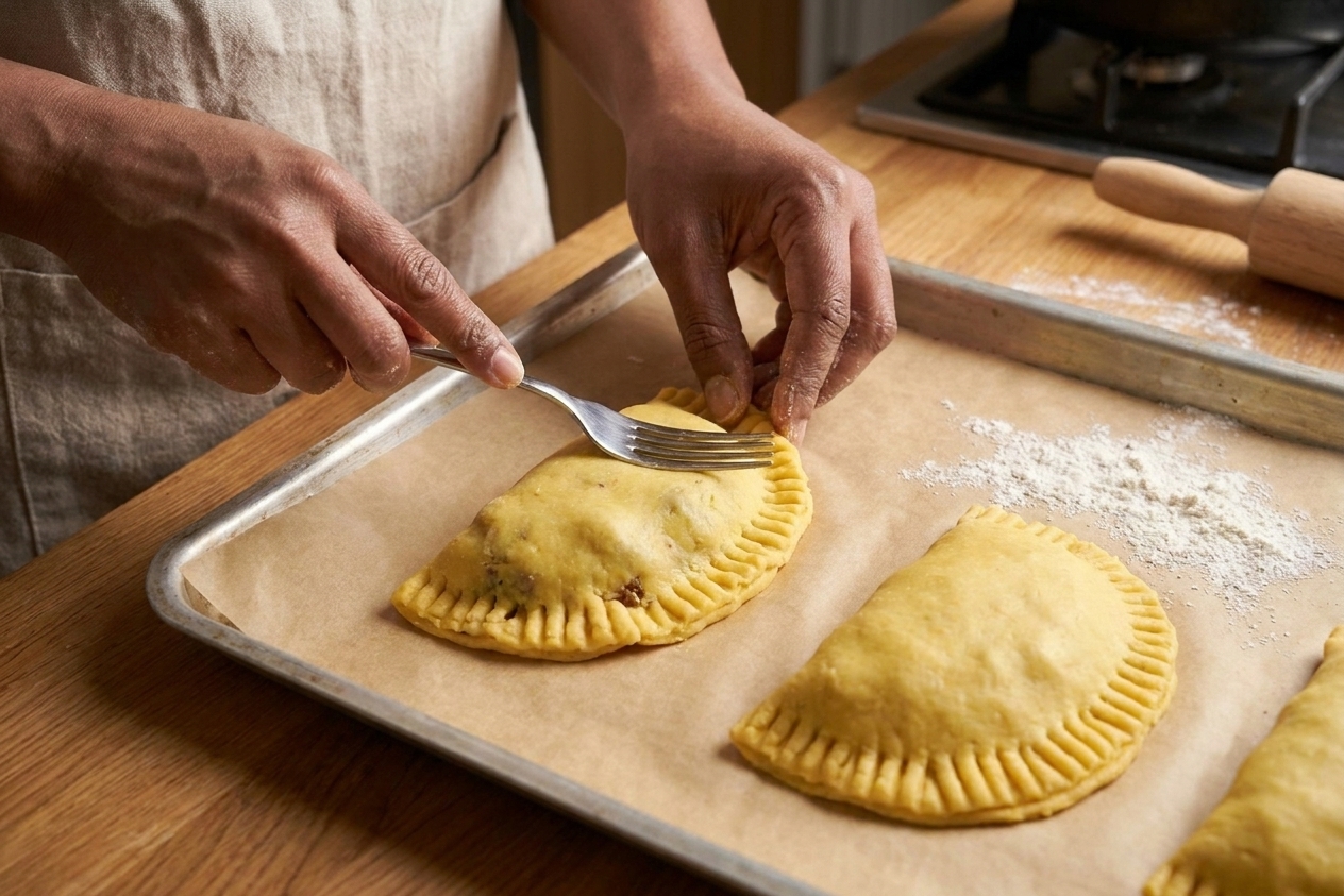 A hand crimping the edge of an unbaked Jamaican beef patty with a fork on a parchment-lined baking sheet