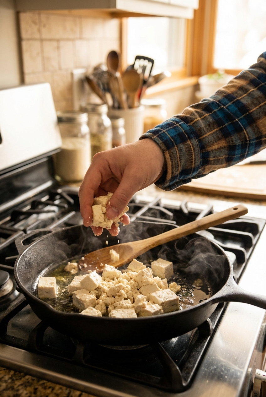 A hand crumbling firm tofu into a hot skillet with a wooden spoon