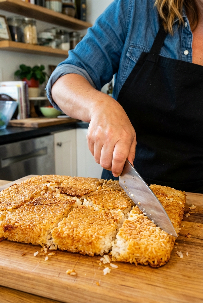 A hand cutting a golden crispy rice slab into squares on a cutting board