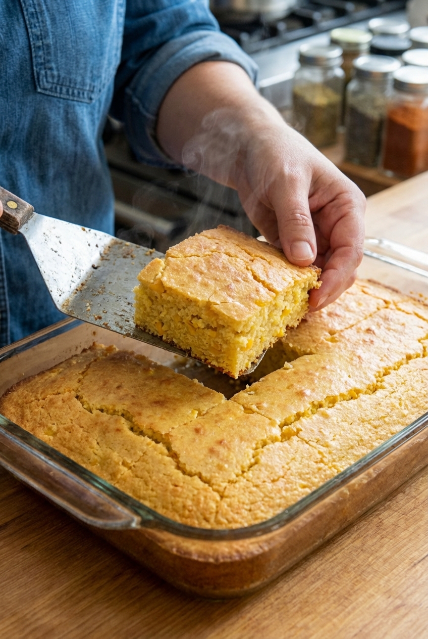 A hand cutting warm sweet cornbread in a baking pan with a metal spatula lifting a square