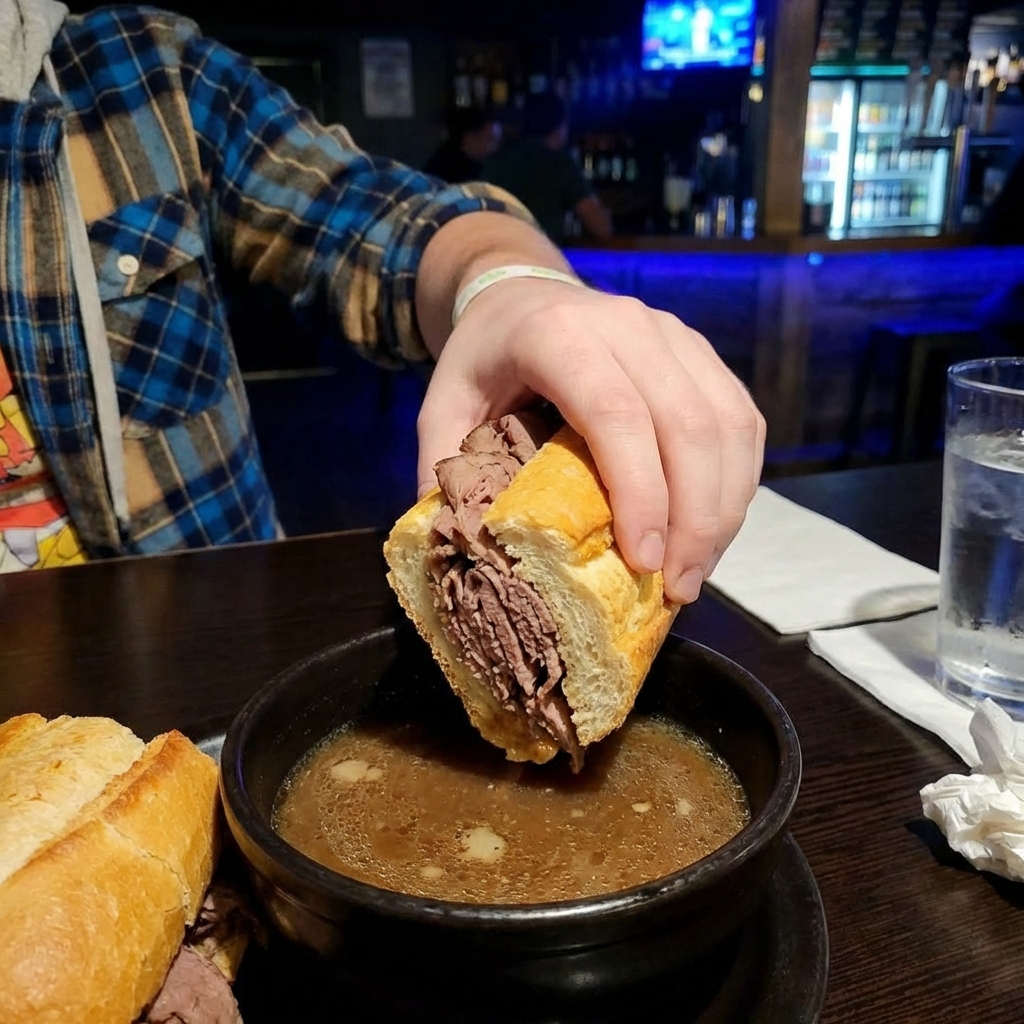 A hand dipping a French dip sandwich into a small bowl of au jus