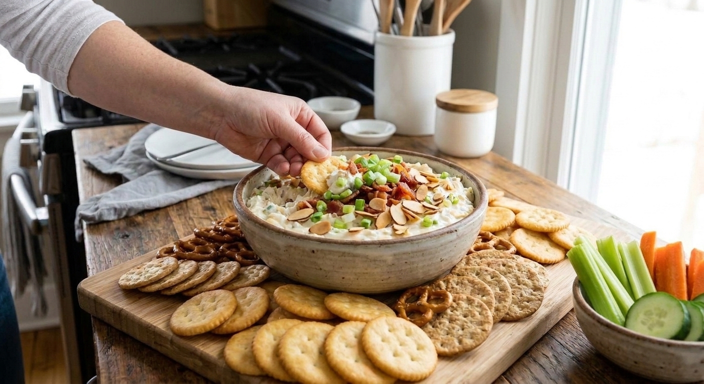 A hand dipping a buttery cracker into a bowl of Million Dollar Dip on a kitchen table, with crackers and cut vegetables nearby