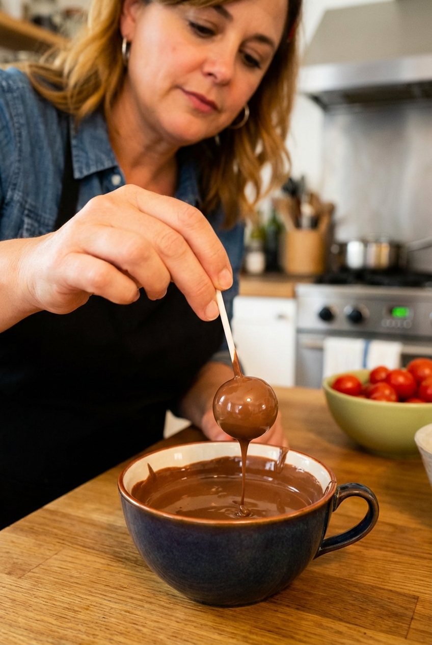 A hand dipping a cake pop into melted chocolate in a deep cup