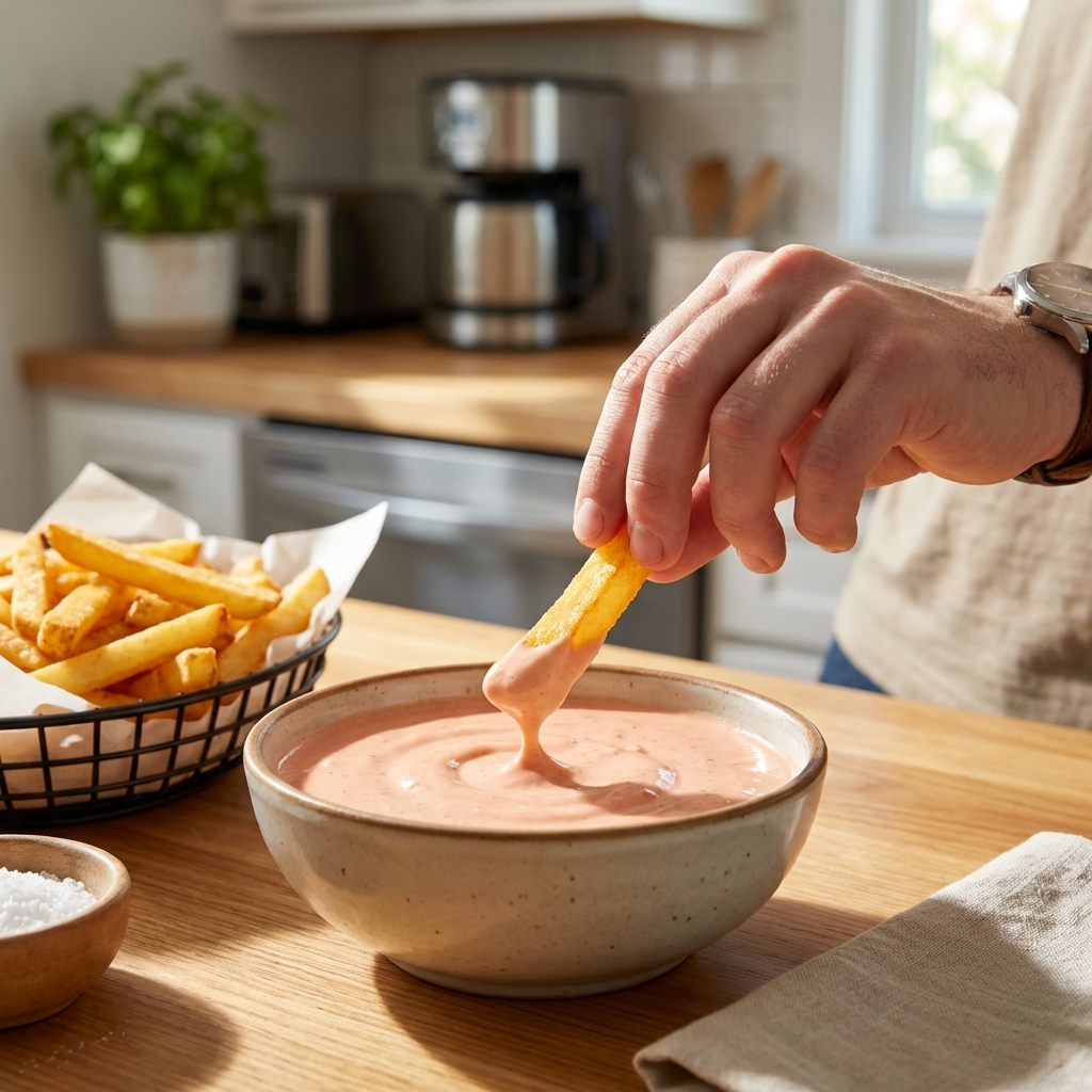 A hand dipping a crisp French fry into a bowl of creamy pink comeback sauce on a casual kitchen counter, bright natural light, photorealistic food photography