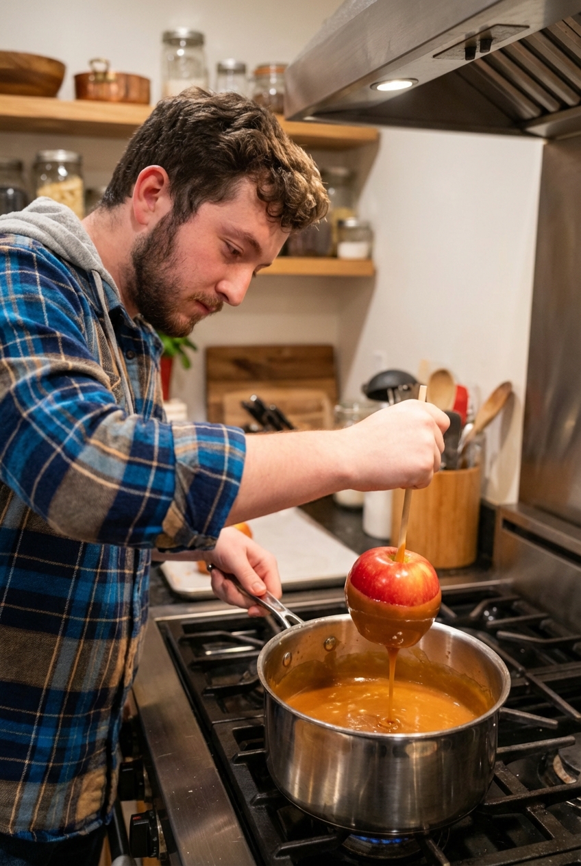 A hand dipping a crisp apple into a pot of warm caramel on a stovetop