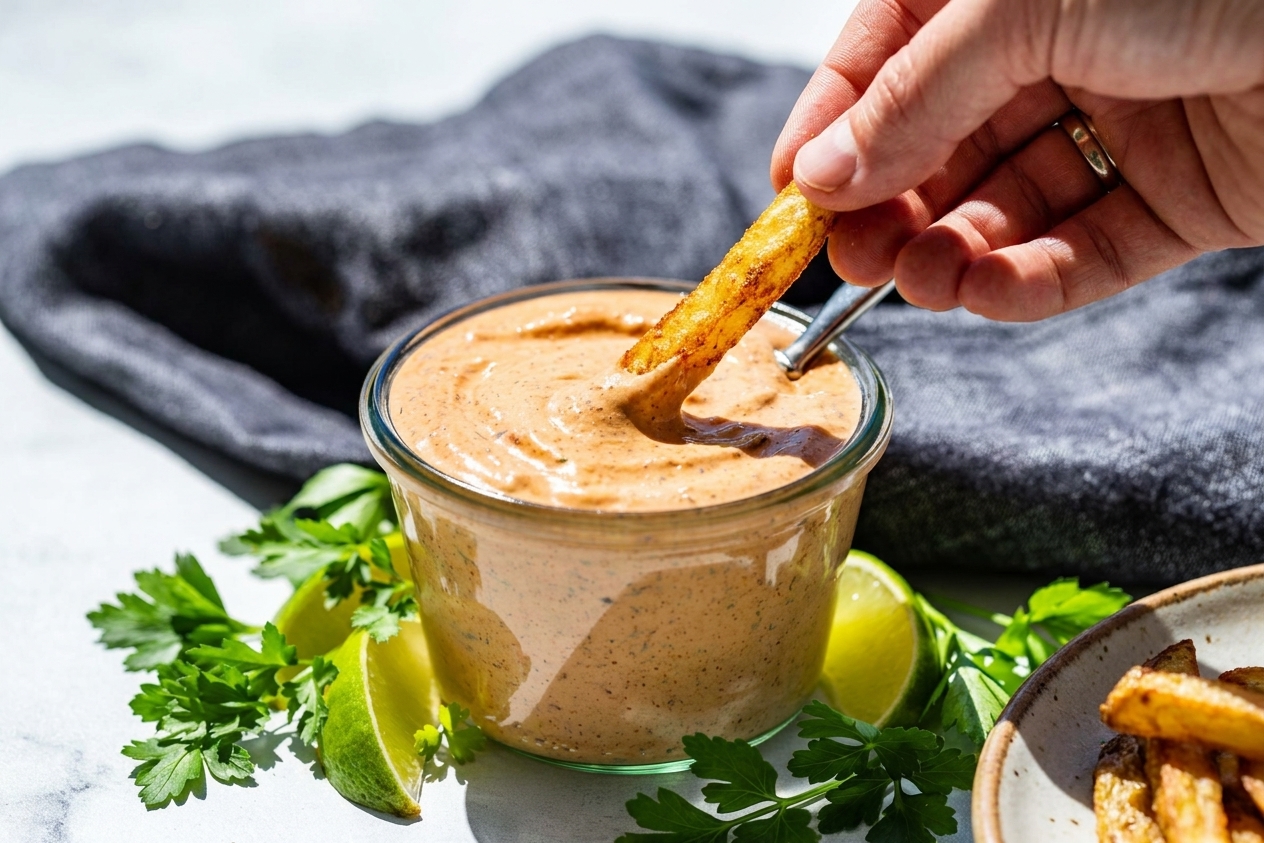 A hand dipping a crisp fry into a bowl of chipotle aioli on a simple dinner table setting