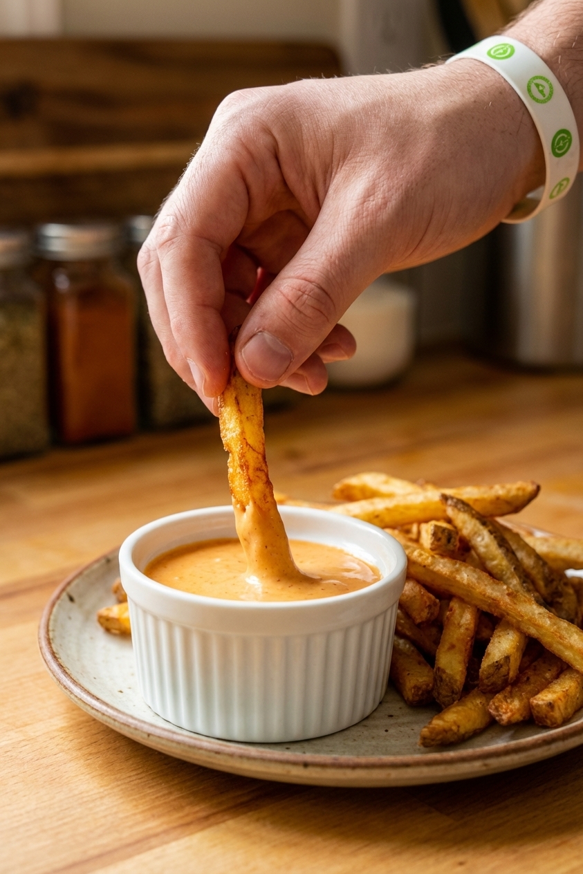 A hand dipping a crispy French fry into a small ramekin of creamy orange boom boom sauce on a plate, close-up photorealistic food photography