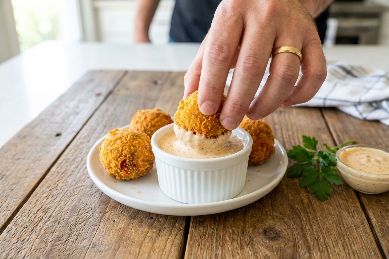 A hand dipping a crispy boudin ball into a small bowl of creamy remoulade sauce on a wooden table