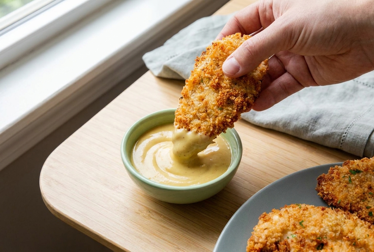A hand dipping a crispy chicken tender into a small bowl of honey mustard on a wooden table