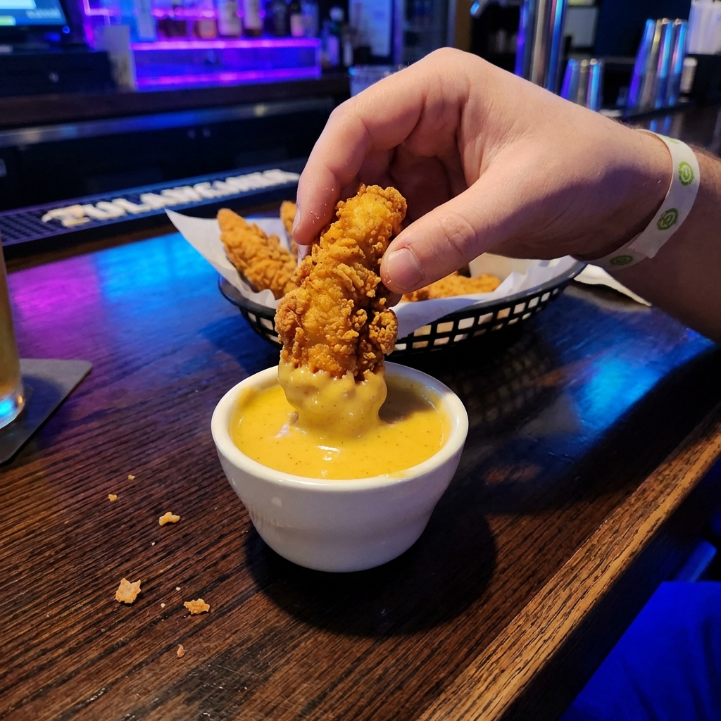 A hand dipping a crispy chicken tender into creamy honey mustard sauce