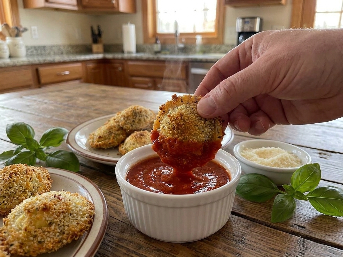 A hand dipping a crispy fried ravioli into a bowl of marinara sauce on a dinner table