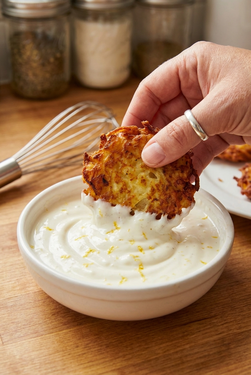 A hand dipping a crispy latke into a small bowl of creamy citrus yogurt sauce