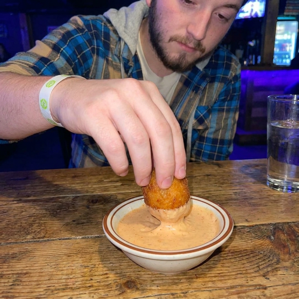 A hand dipping a freshly fried hush puppy into a small bowl of creamy comeback sauce on a wooden table