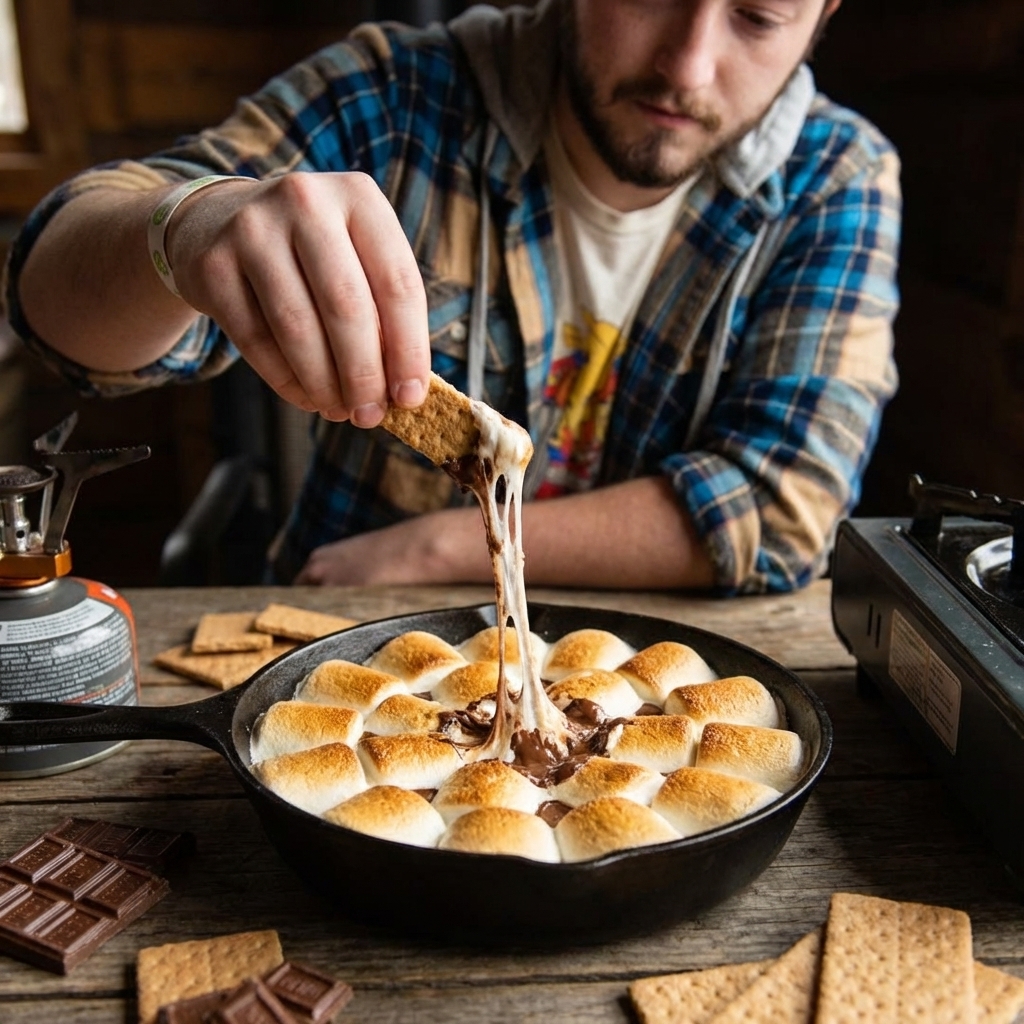 A hand dipping a graham cracker into a cast-iron skillet of melted chocolate and toasted marshmallows, with stretchy marshmallow pull, real food photography