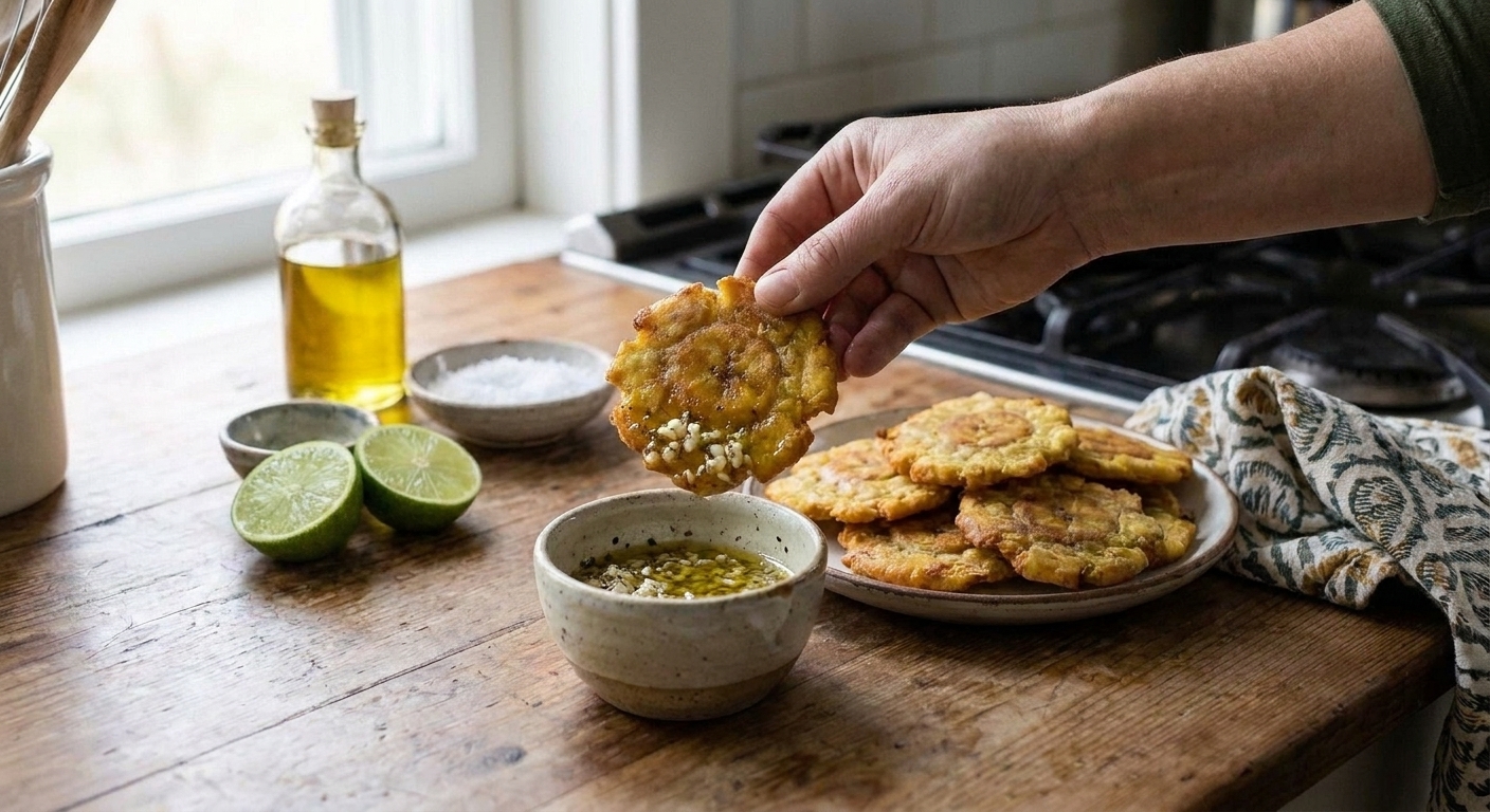A hand dipping a hot crispy tostone into a small bowl of garlic mojo with a plate of tostones nearby