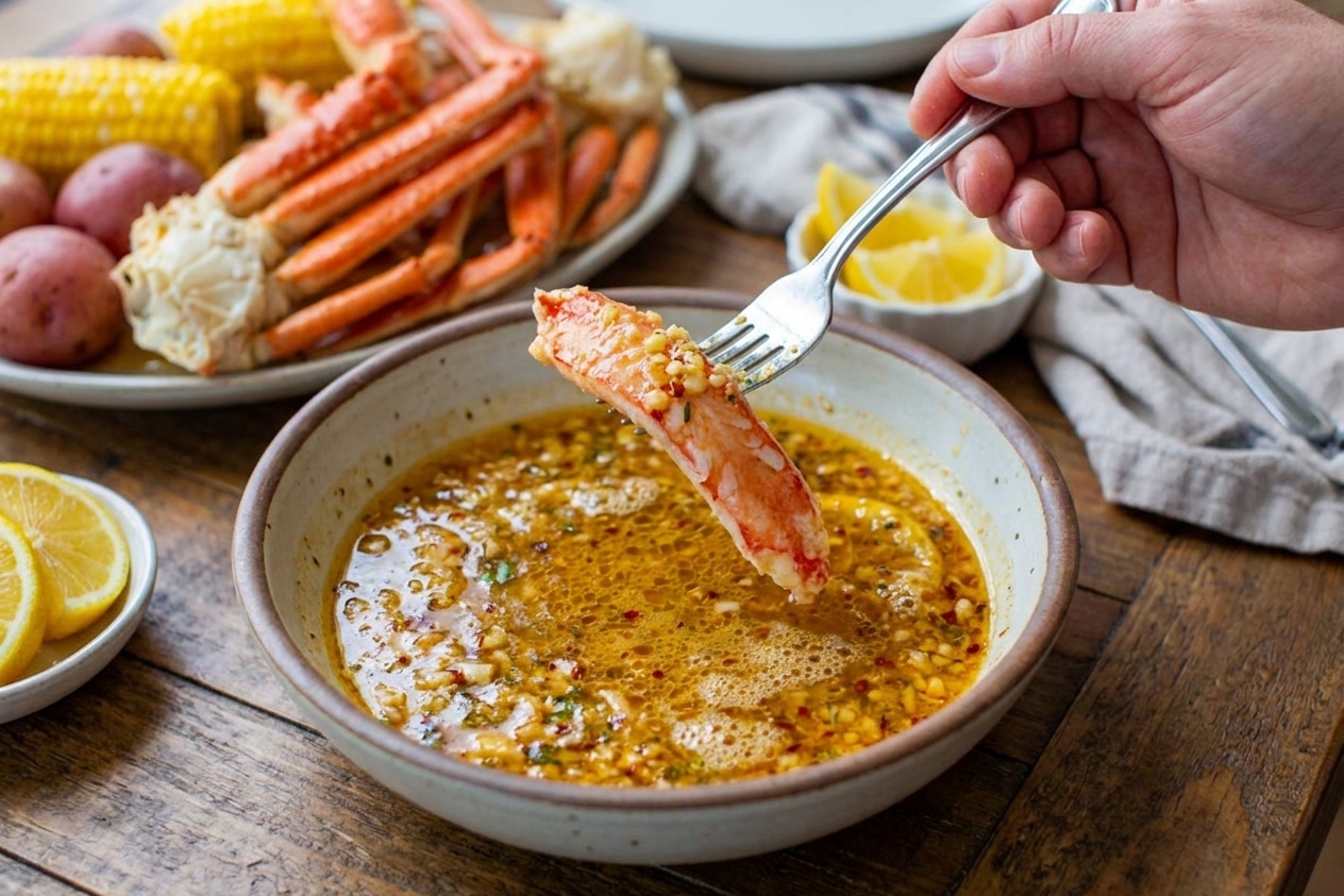 A hand dipping a piece of crab leg meat into a bowl of garlic Cajun seafood boil sauce at a dining table