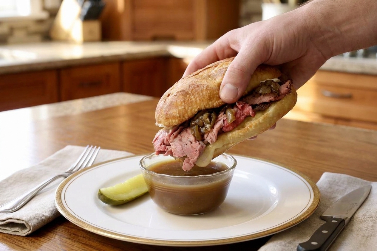 A hand dipping a prime rib sandwich into a small bowl of au jus at a dinner table with a napkin and plate