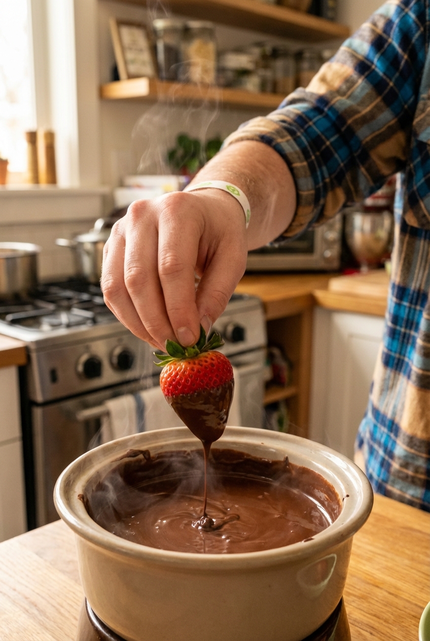 A hand dipping a strawberry into a pot of melted chocolate fondue with visible steam rising in a cozy kitchen