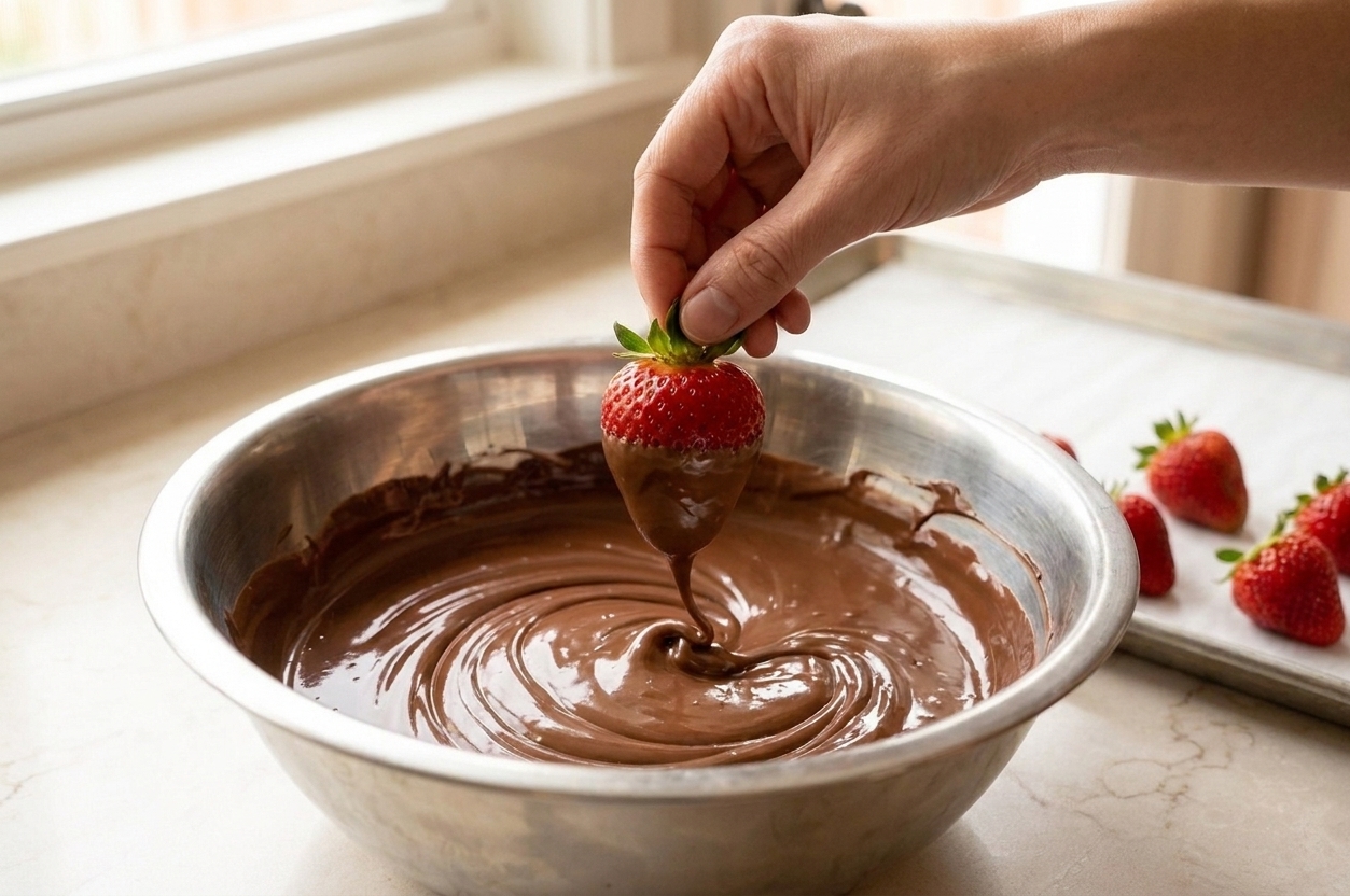 A hand dipping a strawberry into melted chocolate over a bowl on a bright kitchen counter