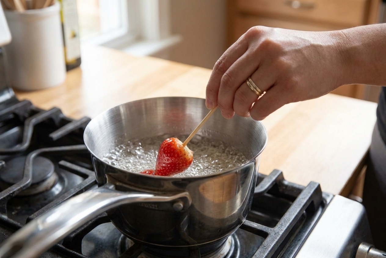 A hand dipping a strawberry skewer into hot clear sugar syrup in a saucepan